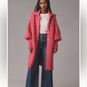 Anthropologie Brushed Cardigan Knit Sweater Coat Large Neon Pink